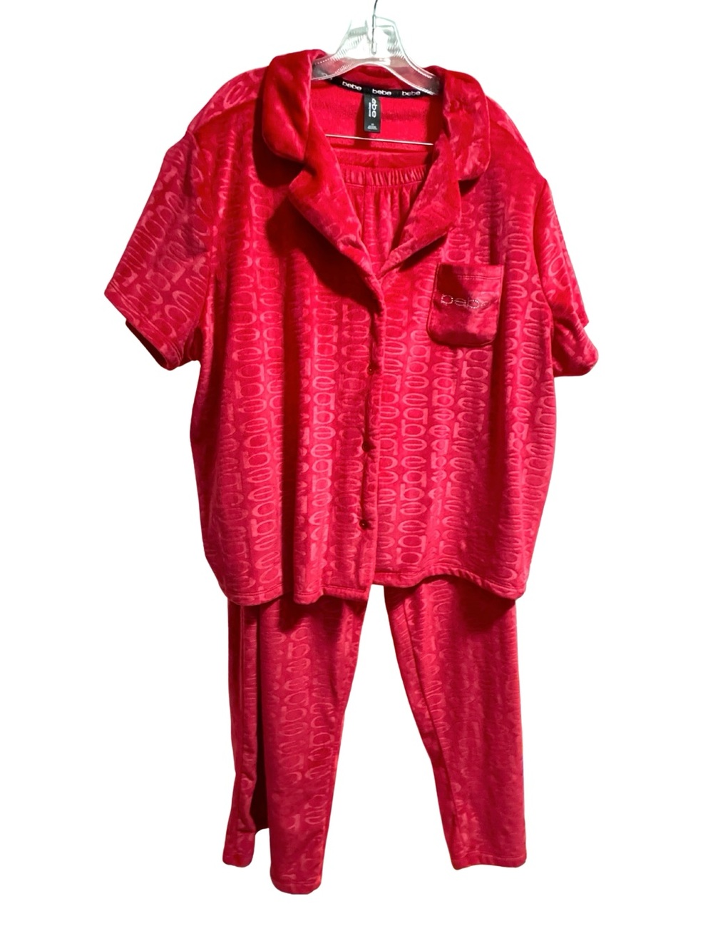 Bebe Sleepwear Bright Red Short Sleeve Velour Pajama Set with Matching Pants